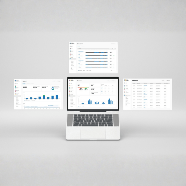 Un mockup di computer che mostra una schermata della funzione Plant. Attorno ci sono altre tre interfacce dell'applicazione